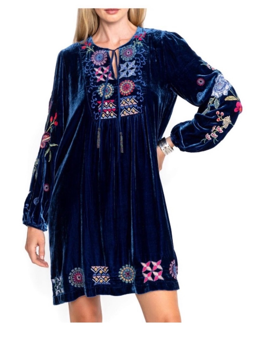 Johnny Was Navy Velvet Embroidered Dress with Multicolor Stitching